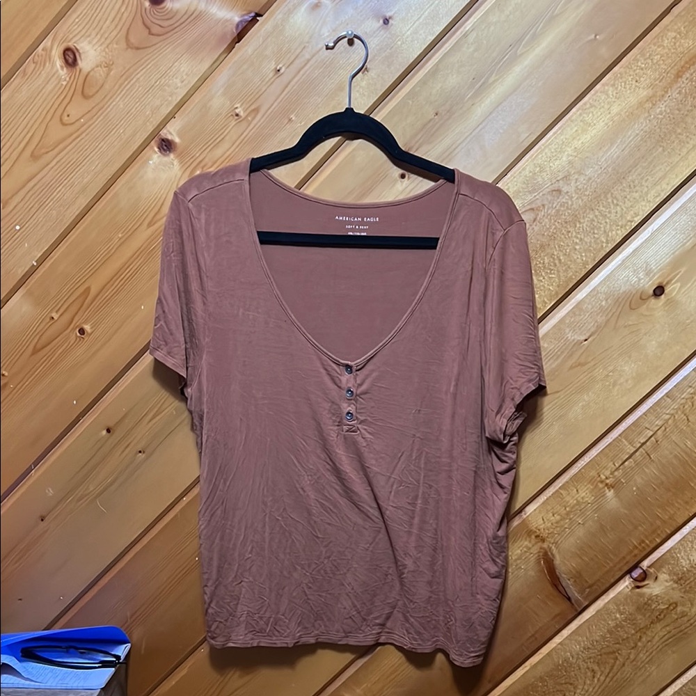 American Eagle Outfitters Brown V-Neck Short Sleeve Top